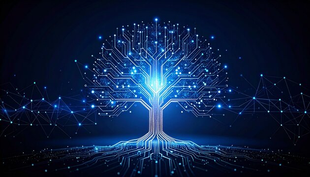 A glowing digital circuit board tree with intricate roots and branches symbolizing technology, data, and interconnectedness against a dark blue background.