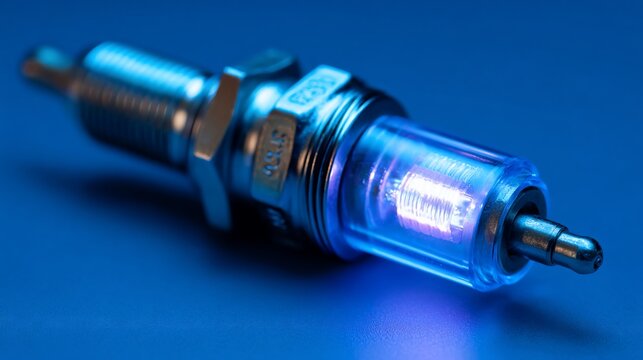 Illuminated spark plug, translucent casing, on a blue background, focused close