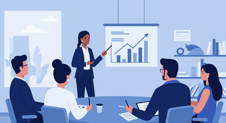 Obraz premium Businesswoman Presenting Financial Data to Colleagues in Meeting.