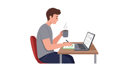 Man Working on Laptop with Coffee and Paper.