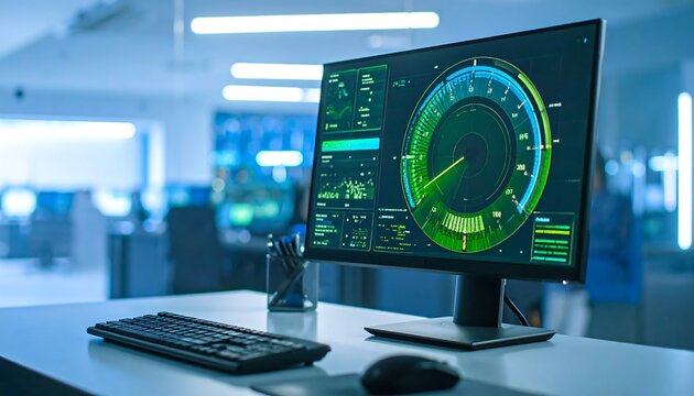 Modern Office Interior Showing Computer Monitor Displaying Performance Dashboard Data Analysis With Blue And Green Tones - Powered by Adobe