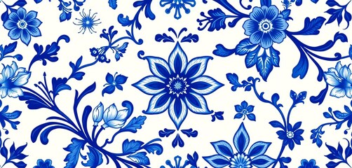 Intricate blue & white porcelain floral pattern, Renaissance style, wedding invitation mockup, scroll, luxury