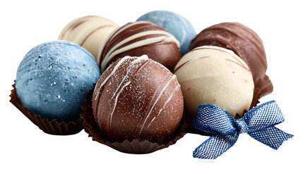 An assortment of gourmet chocolate truffles with a blue bow on a black background  isolated on white  or transparent background.