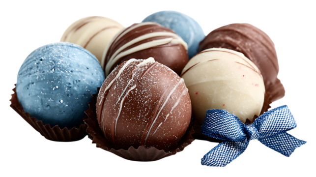 An assortment of gourmet chocolate truffles with a blue bow on a black background  isolated on white  or transparent background.