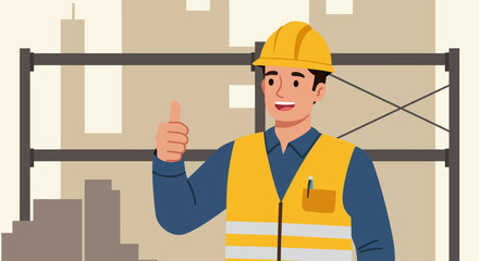 Smiling Construction Worker Giving Thumbs Up Safety Gear.