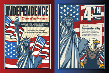 Set of Poster Illustrations of the Statue of Liberty with American flags celebrating Independence