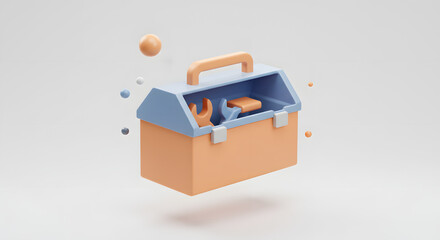 3D Rendered Minimalist Toolbox with Tools. Floating Repair Kit Icon for Maintenance and Service Concept.