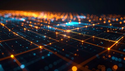 Abstract digital network with glowing orange and blue nodes connected by lines, representing data flow and connectivity.
