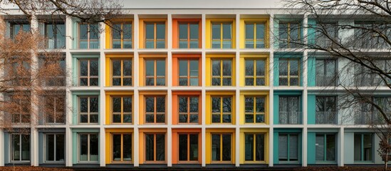 Colorful apartment building facade with many windows