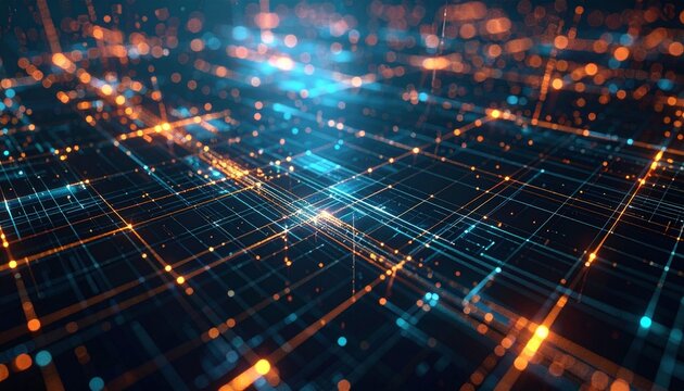 Abstract digital network grid with glowing blue and orange lines, creating a futuristic and interconnected technological landscape.