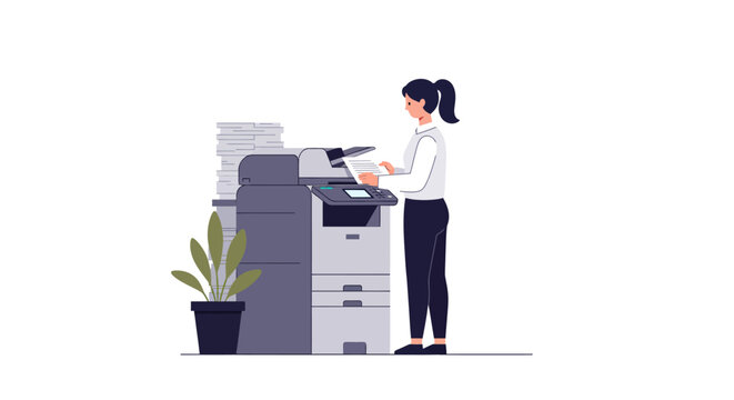Woman Using Modern Office Copier for Printing Documents.
