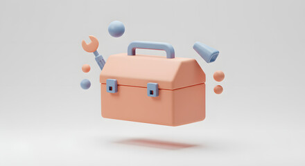 Pastel 3D Toolbox & Tools Floating. Repair, Support, Service, Maintenance, Solutions Concept