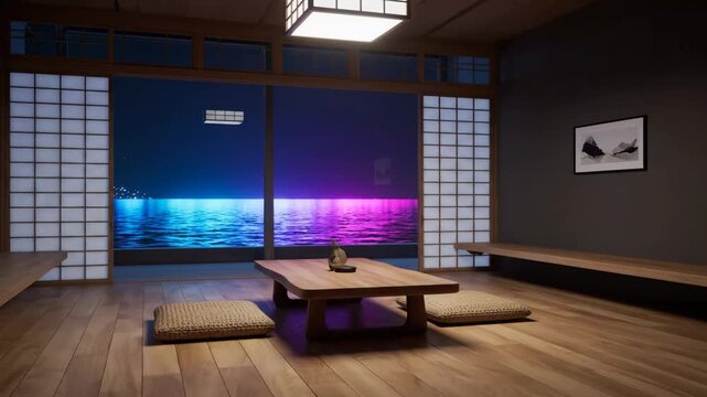 Serene Japanese Interior Overlooking a Cyberpunk Seascape.