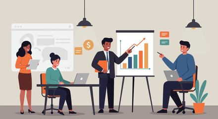 Business Team Meeting with Presentation and Analysis.