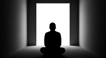 Silhouette of a person meditating in a lotus position in front of a bright doorway in a dark room