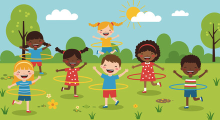 Cheerful Children Playing with Hula Hoops Outdoors.