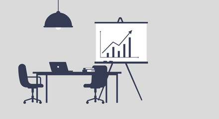 Office Workspace with Presentation Board and Graph.
