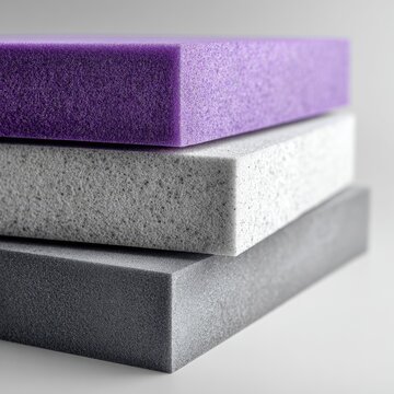 Three rectangular foam blocks, purple, gray, and light gray, stacked, showcasing texture and density variations