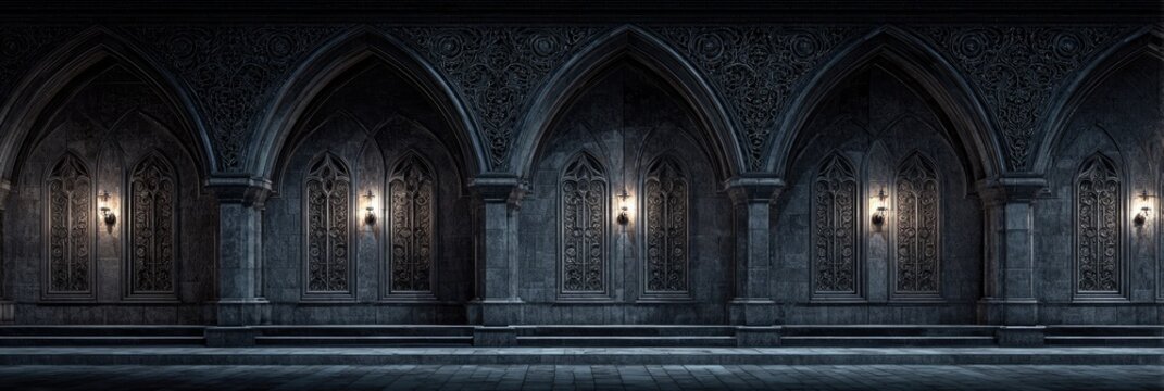 Gothic arched passageway at night