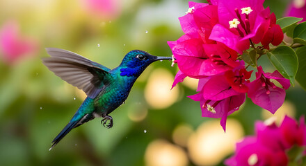 A hummingbird feeding on bright pink bougainvillea flowers in a natural garden setting image