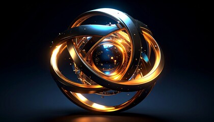 A complex, glowing golden sphere with intricate metallic rings and a luminous blue core, set against a dark, abstract background.
