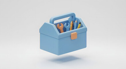 Floating 3D Blue Toolbox with Wrench and Spanner, Repair and Service Icon