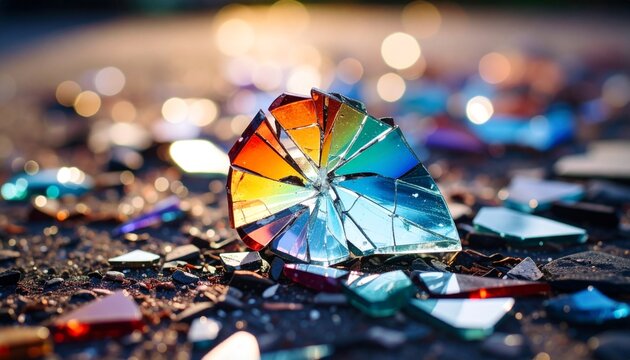 A shattered iridescent disc with a rainbow spectrum of colors lies on a dark, fragmented surface surrounded by numerous small glass shards and bokeh lights. - Powered by Adobe