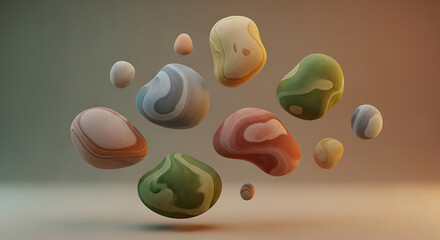 Colorful abstract floating shapes with stripes in a studio setting on a neutral background surface