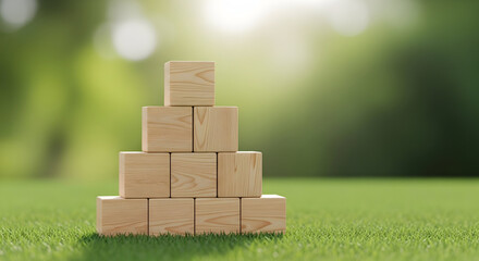 Build your brand with stackable wooden blocks against a blurred green background for organic growth concepts