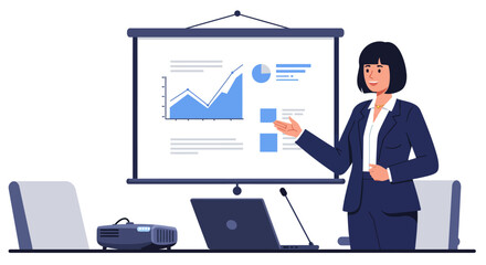 Businesswoman Presenting Data on Projection Screen During Meeting.