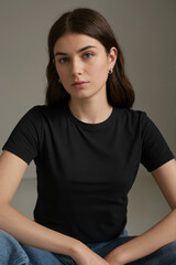 A professional studio portrait of a young woman with long dark brown hair against a neutral gray background. She wears a plain black crew neck t-shirt and blue jeans.
