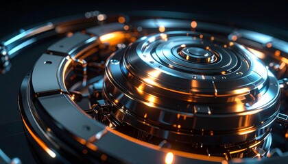 Close-up of a complex, shiny, metallic machine gear mechanism.