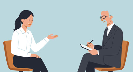 Interview Scene: Woman Speaking to Interviewer Taking Notes.