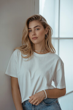 A professional fashion portrait shot in a minimalist indoor setting. The subject wears a plain white oversized t-shirt and blue denim jeans.