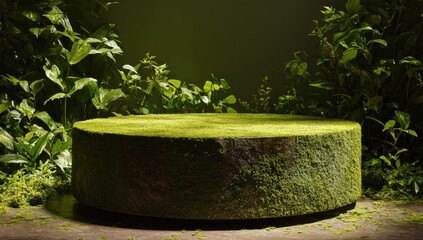 Circular mossy stone pedestal surrounded by lush greenery