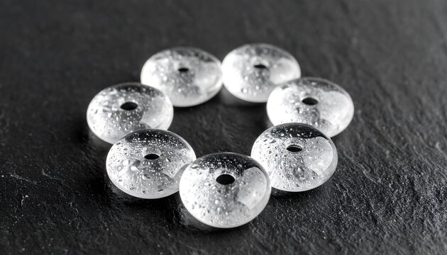 Monochrome Flygen Droplets Forming Concentric Hexagonal Rings Against Cool Slate Backdrop Precision Targeting