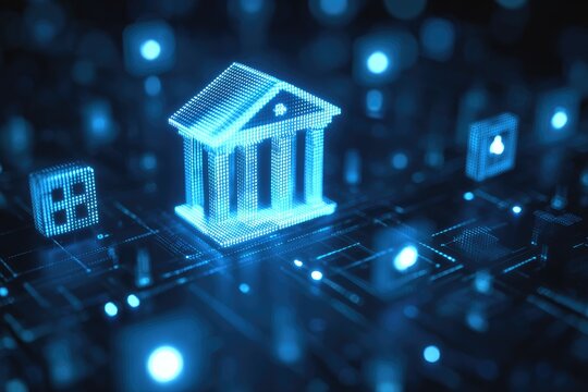 Digital bank icon, glowing blue, on a circuit board background