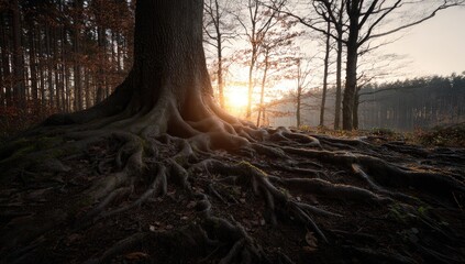 Massive tree roots spread out, sunbeams pierce the autumn forest