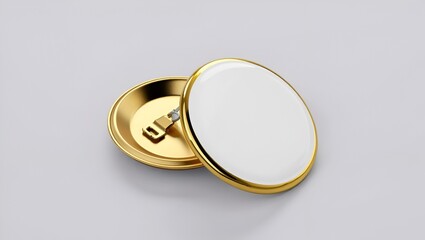 Two circular blank badges featuring a glossy white surface and gold trim display elegance.