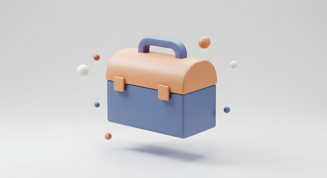 Pastel 3D Toolbox Icon Floating with Abstract Spheres. Minimalist Tool Kit Concept.