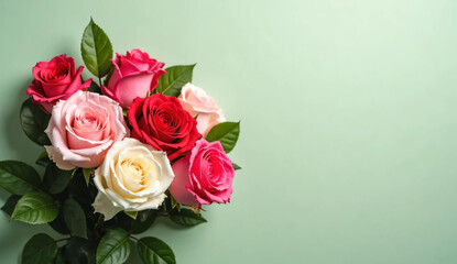A bouquet of roses on a green background. An image of Mother's Day. Conveying gratitude. Love. Romance. Passionate.