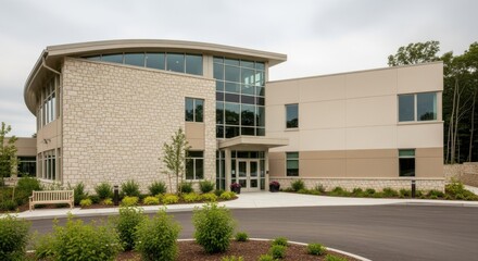 A modern office building with a curved stone facade and large glass windows, featuring a welcoming entrance and surrounding landscaping with a bench