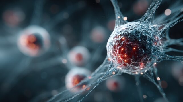 Detailed 3D render of nerve cells with intricate connections and light