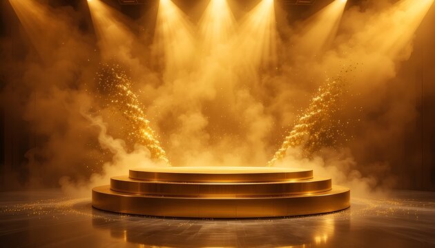 Golden stage platform bathed in radiant light with smoke accentuating a grand ambiance