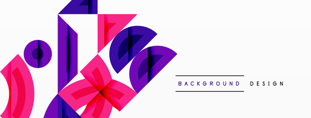 Abstract geometric shapes, pinks, purples dominate white space. Modern design elements create dynamic visual impact.