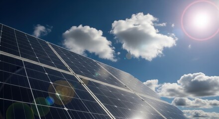 A closeup view of solar panels angled towards a bright, sunlit blue sky with fluffy white clouds, showcasing renewable energy technology