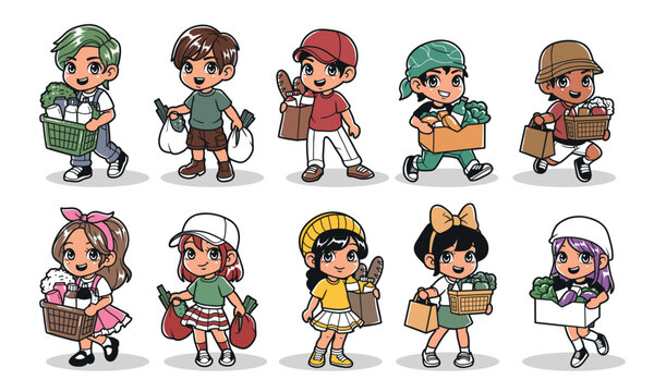 Kids holding grocery shopping character vector graphic illustration set