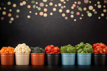 Fototapeta premium Fresh vegetables in decorative buckets on a black surface.