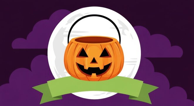 A festive halloween illustration featuring a pumpkin bucket against a backdrop of the moon and clouds - Powered by Adobe