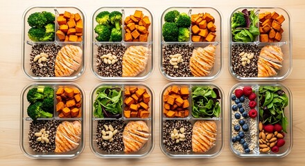 Eight Healthy Meal Prep Containers with Balanced Portions of Grilled Salmon, Roasted Vegetables, and Wholesome Grains, Perfect for Convenient Weekly Nutrition